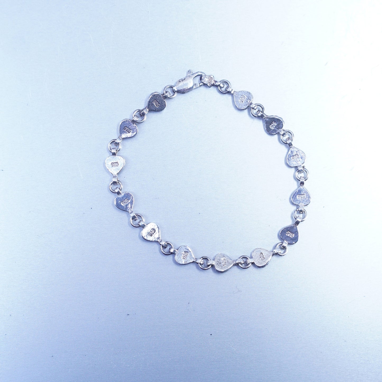7”, vintage Sterling 925 silver handmade bracelet, heart chain white cats eye