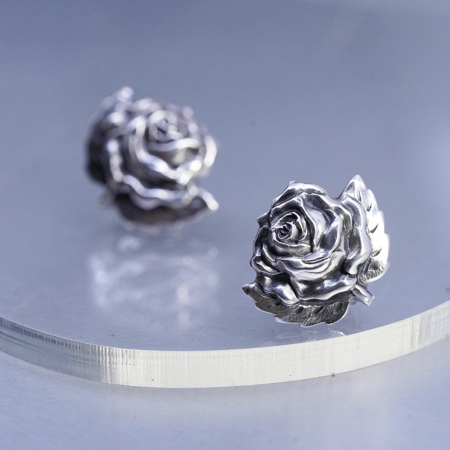 Vintage Sterling 925 silver handmade earrings, flower rose screw back flower
