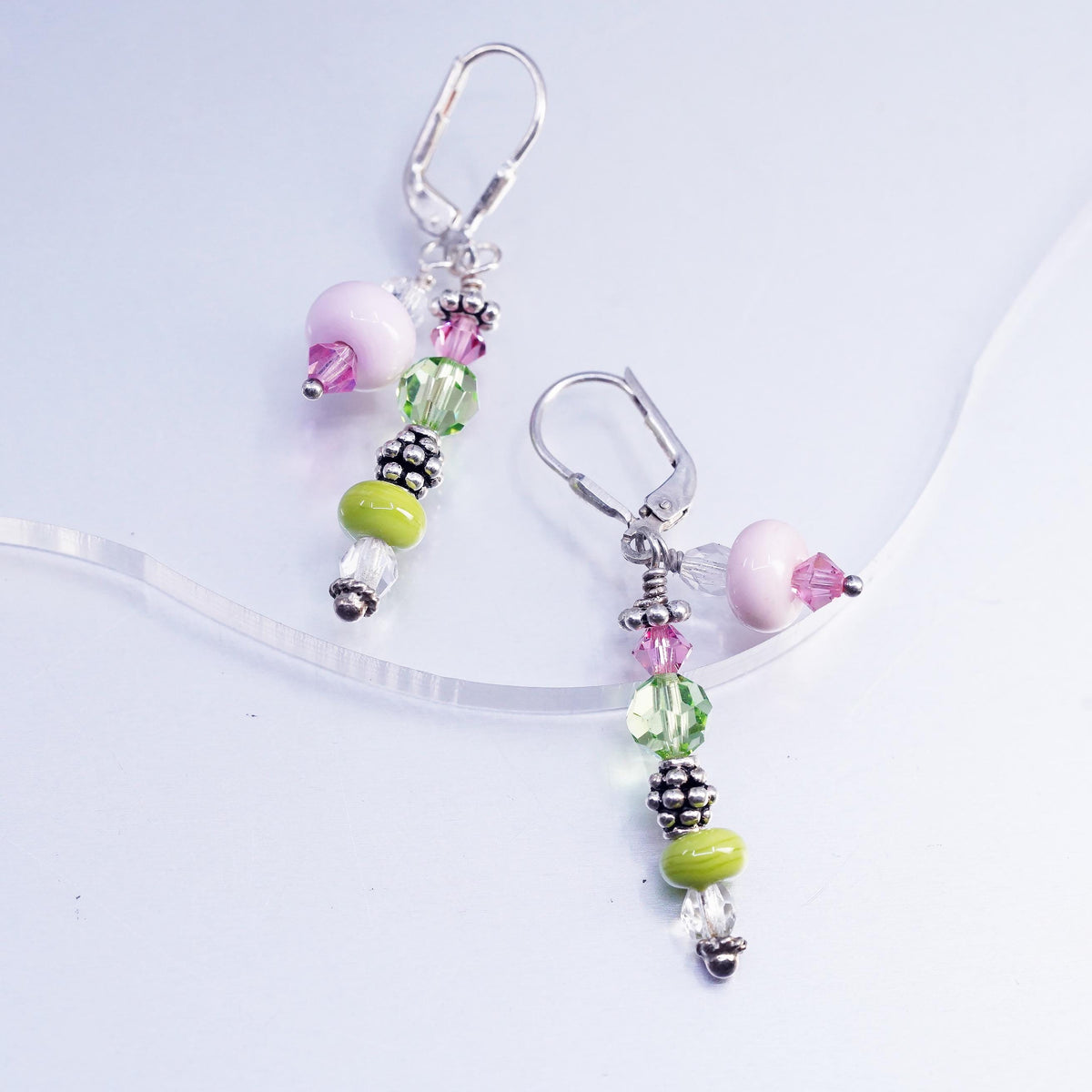 Vinatge sterling silver earrings, 925 lever back hooks with pink green beads