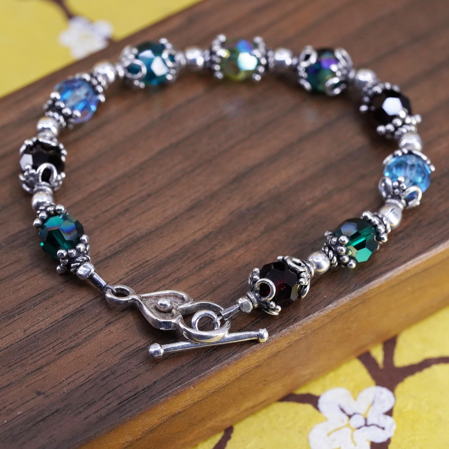 6.75”, Saki Sterling silver bracelet, 925 beads with crystal and toggle closure