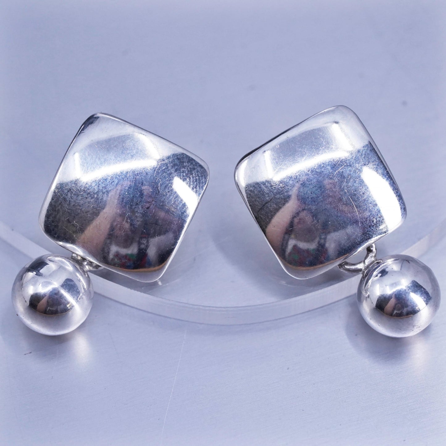 VTG Retired Silpada Sterling 925 Silver Concave Square Ball Bead Earrings P0288