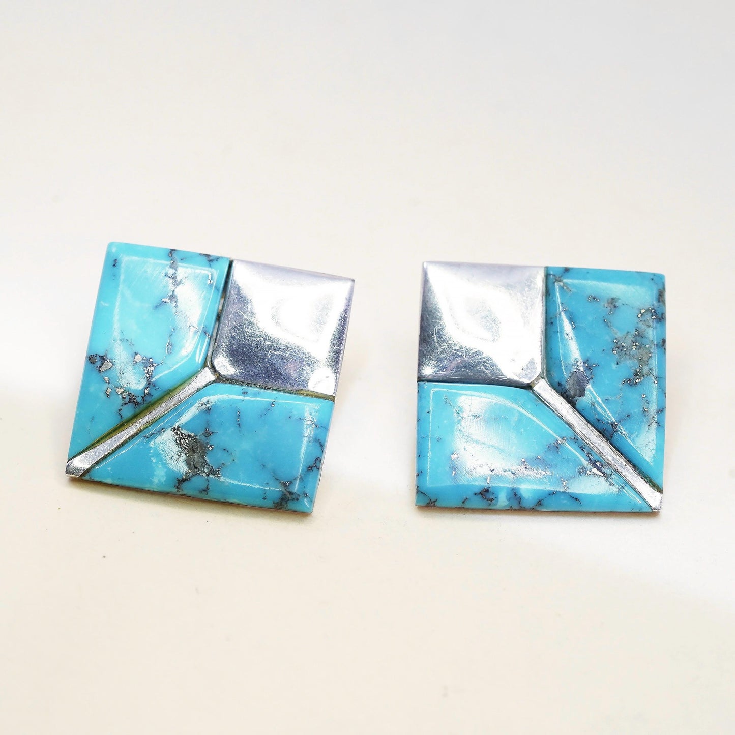 Native American Geometric Sterling silver earrings, 925 square studs turquoise