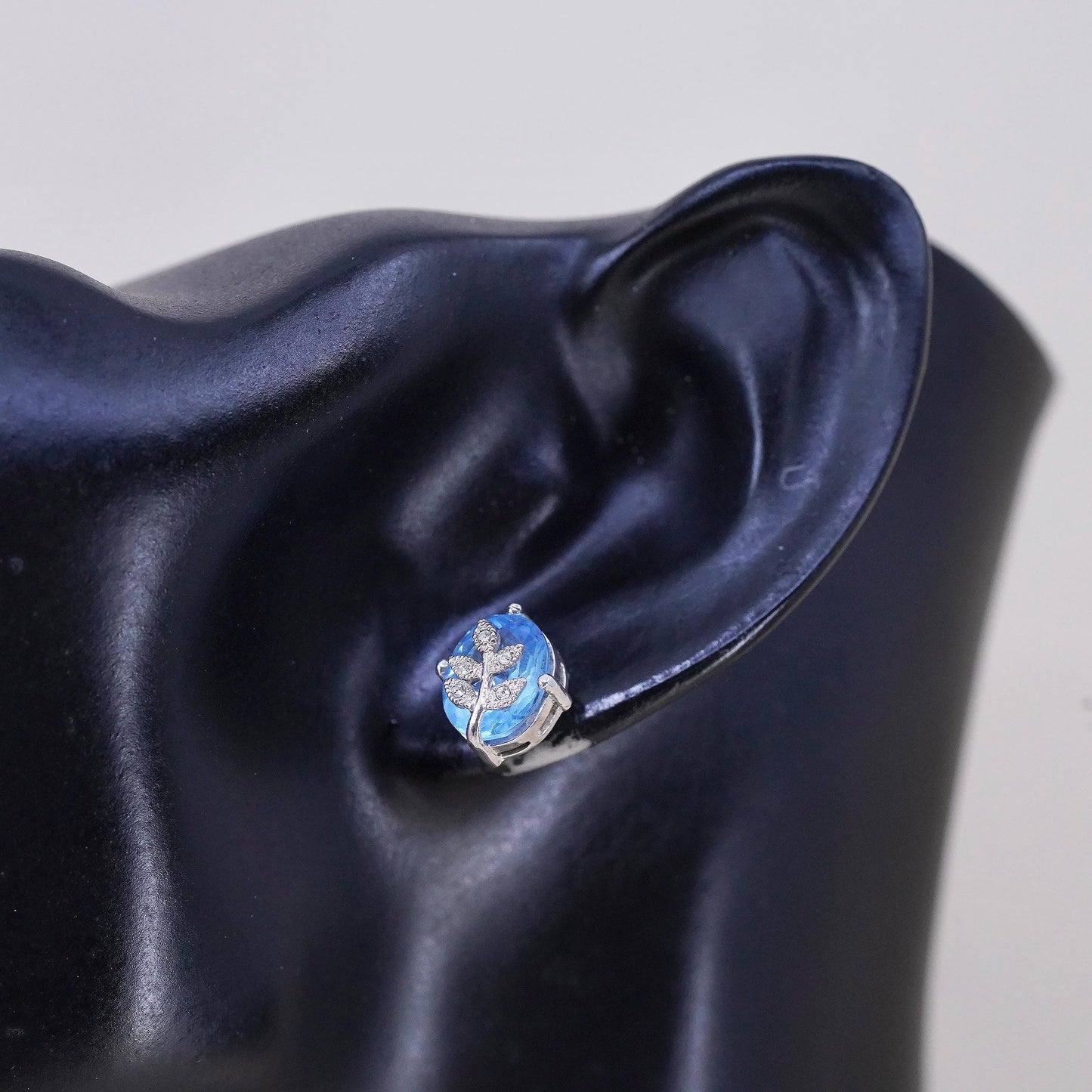 Vintage Sterling silver earrings, 925 studs with blue topaz and leaves