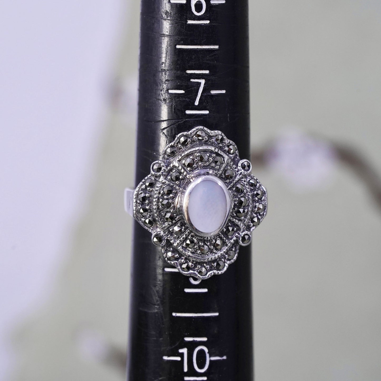 Size 8.25, sterling silver Southwestern 925 ring mother of pearl and marcasite