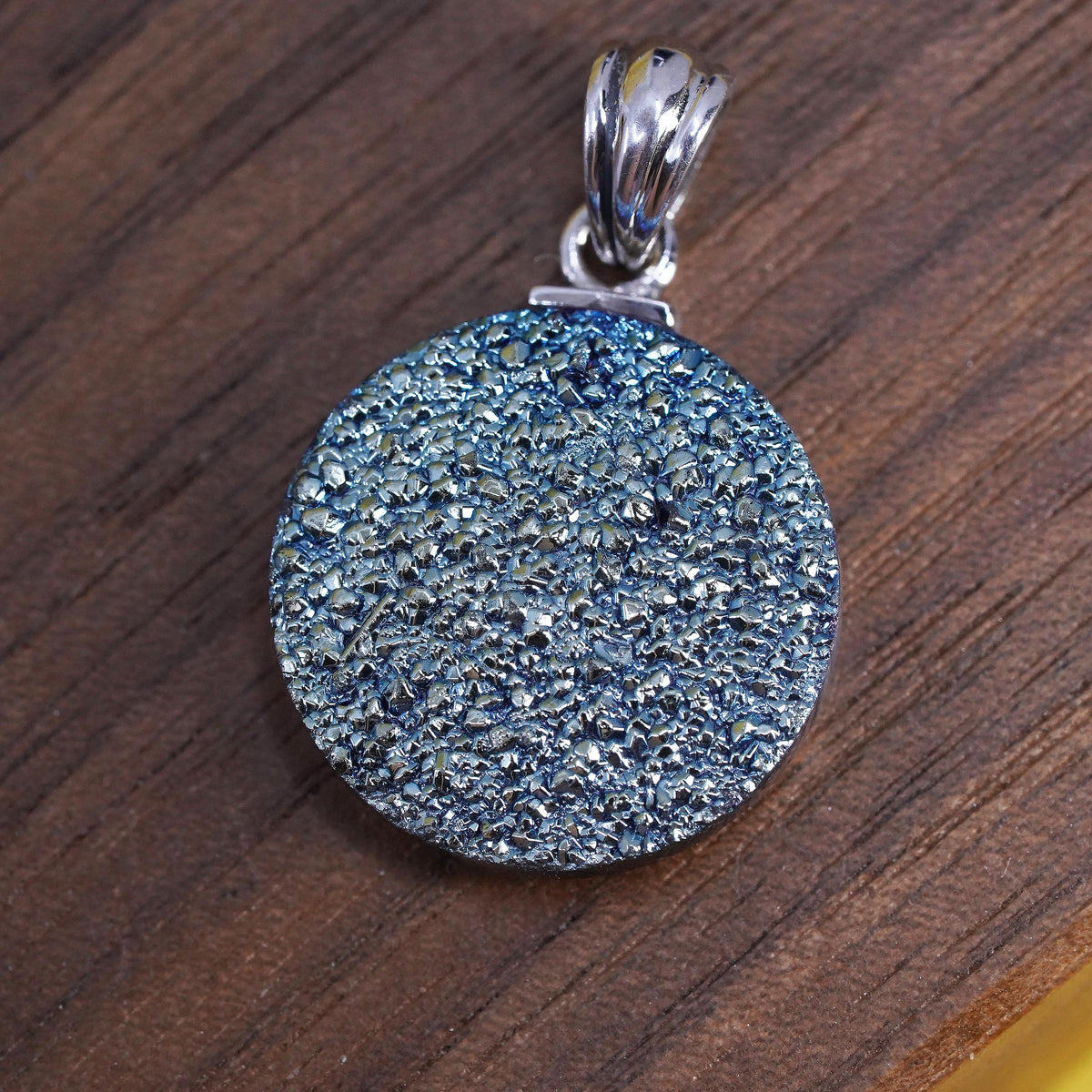 Vintage Sterling silver handmade pendant, 925 circle with blue druzy stone
