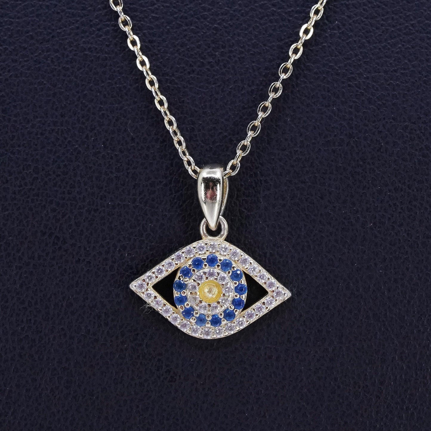 16+2", vermeil gold Sterling 925 silver circle necklace cz evil eye pendant