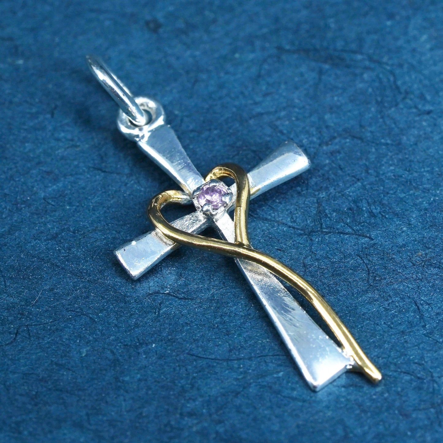 two tone Sterling silver prayer pendant, 925 cross with gold heart and pink cz