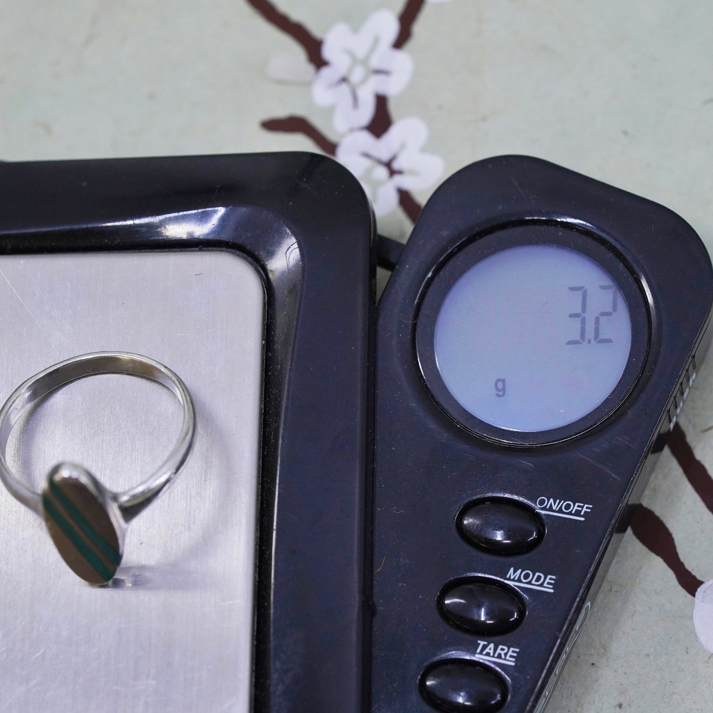 Size 7.75, Sterling silver ring, geometric 925 silver with malachite inlay