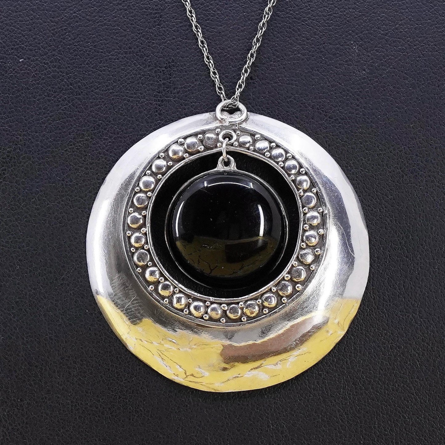 18” sterling silver 925 Singapore rope necklace circle disc pendant onyx