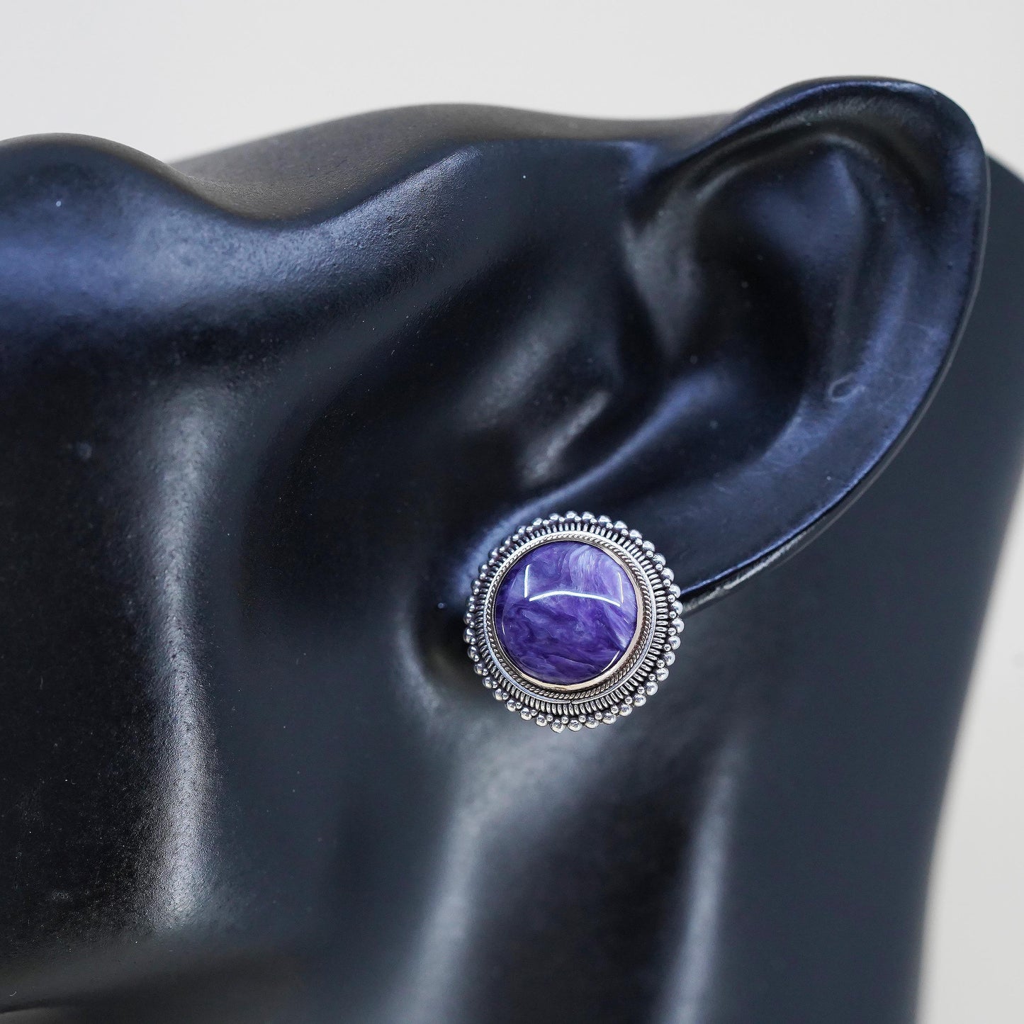 two tone Sterling Silver Charoite Earrings, Purple Stone, 925 Statement Studs