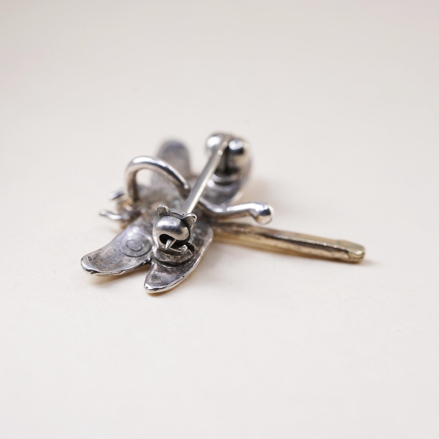 Vintage COURTNEY two tone Sterling silver handmade brooch, 925 dragonfly pin