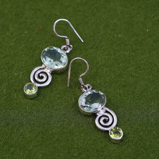 Vintage sterling 925 silver handmade earrings with peridot and spiral details