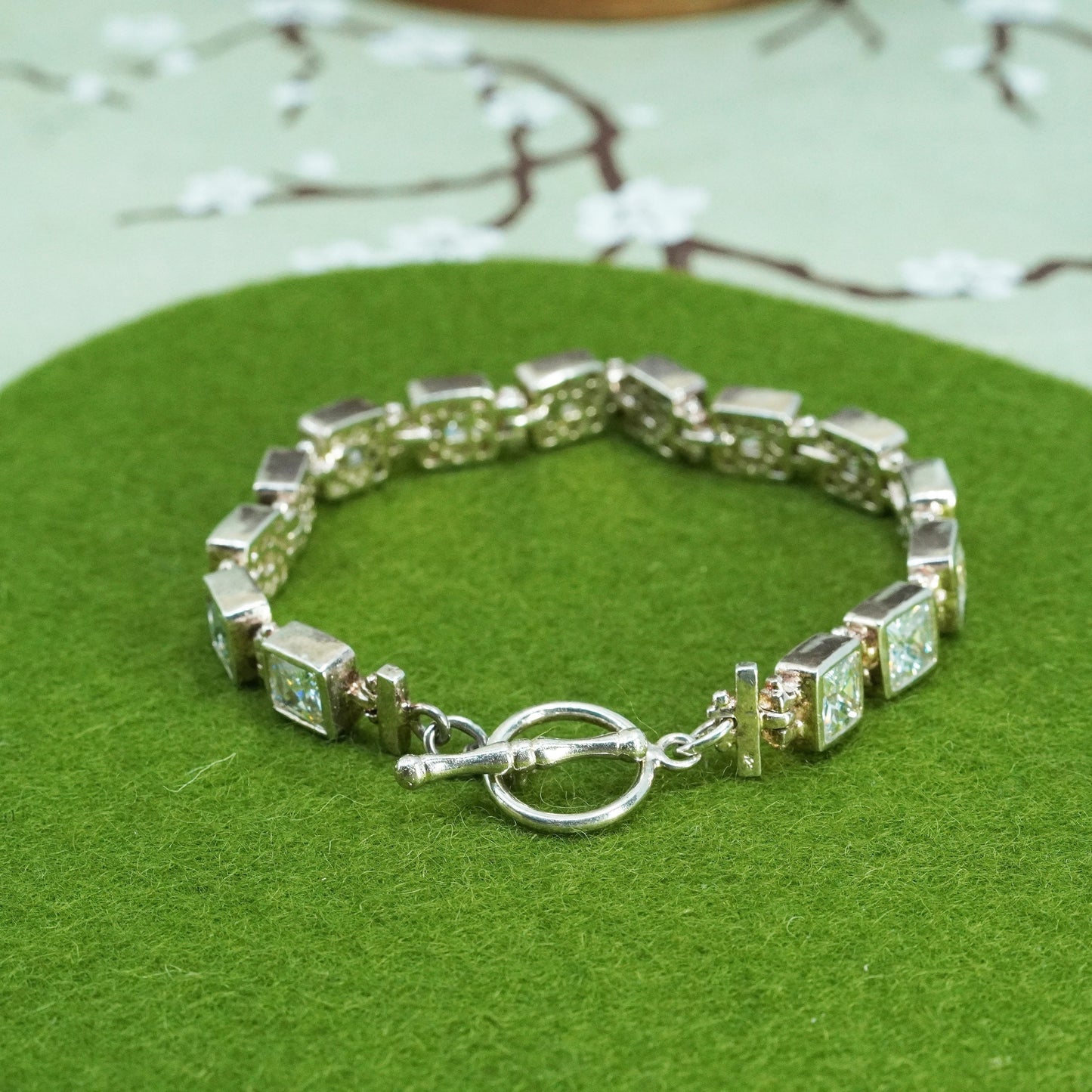 7.25”, Vintage sterling silver bracelet, 925 tennis heart bracelet square Cz