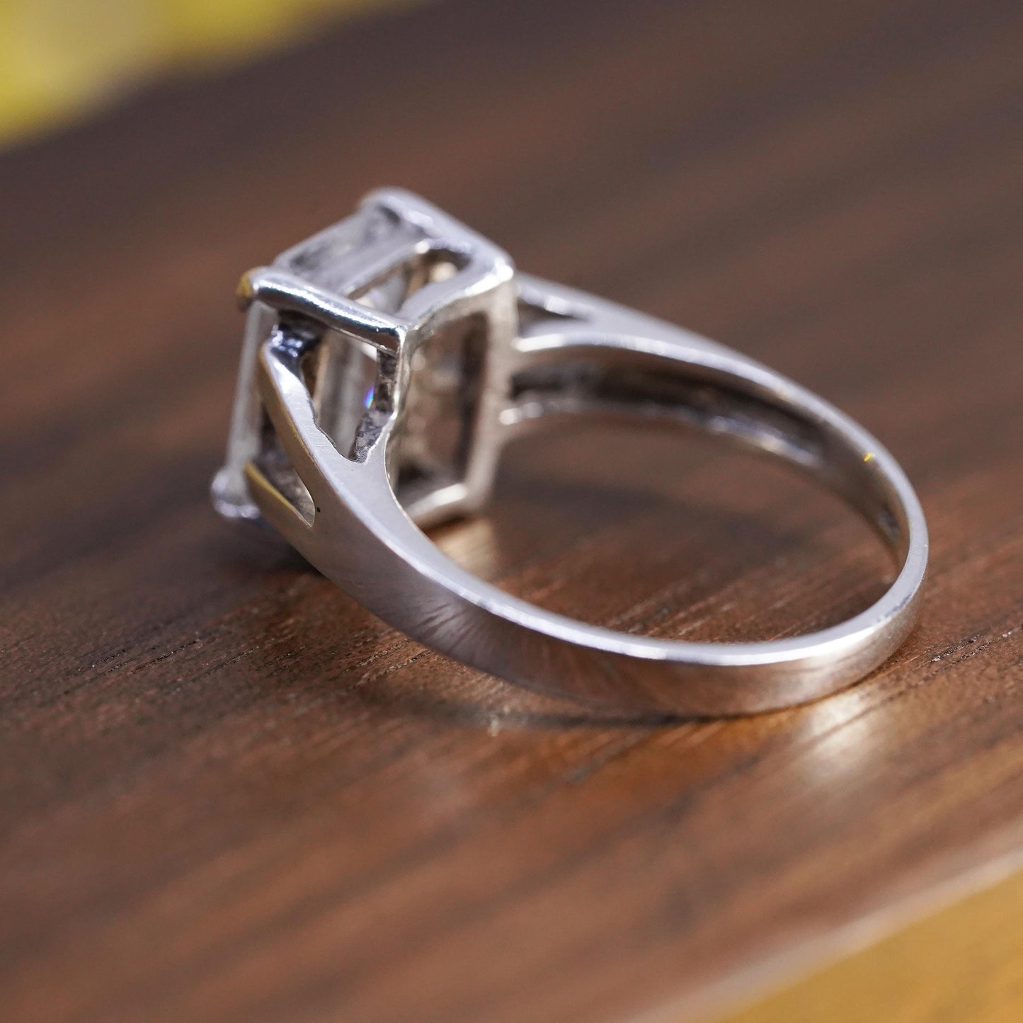Size 7, vintage Sterling 925 silver anniversary ring with clear emerald cut cz