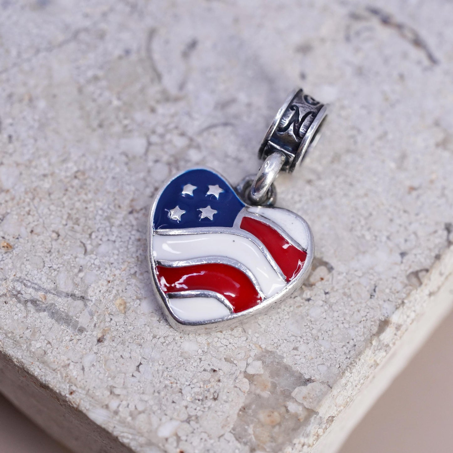 Vintage Sterling 925 silver handmade pendant, enamel American flag charm