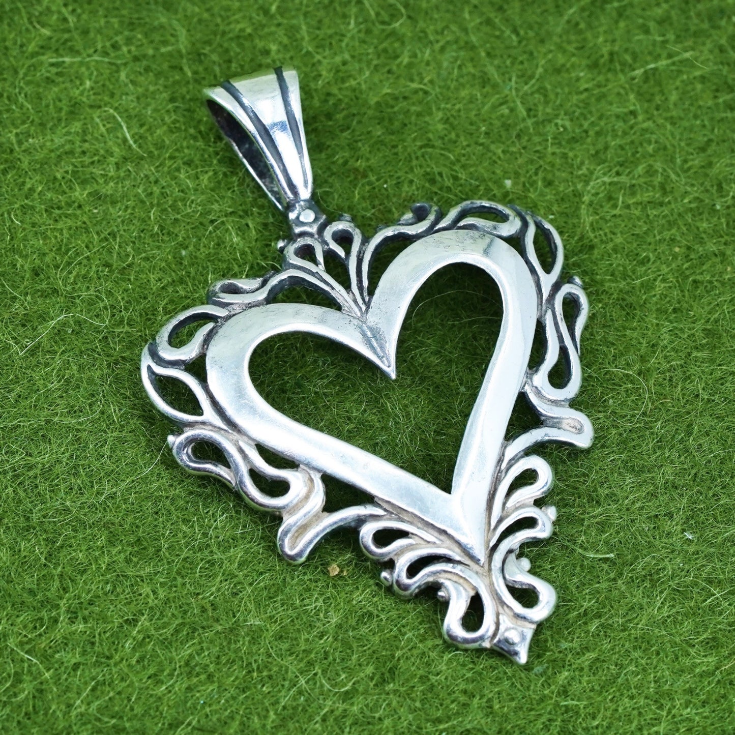 vintage sterling silver handmade pendant, 925 filigree heart charm
