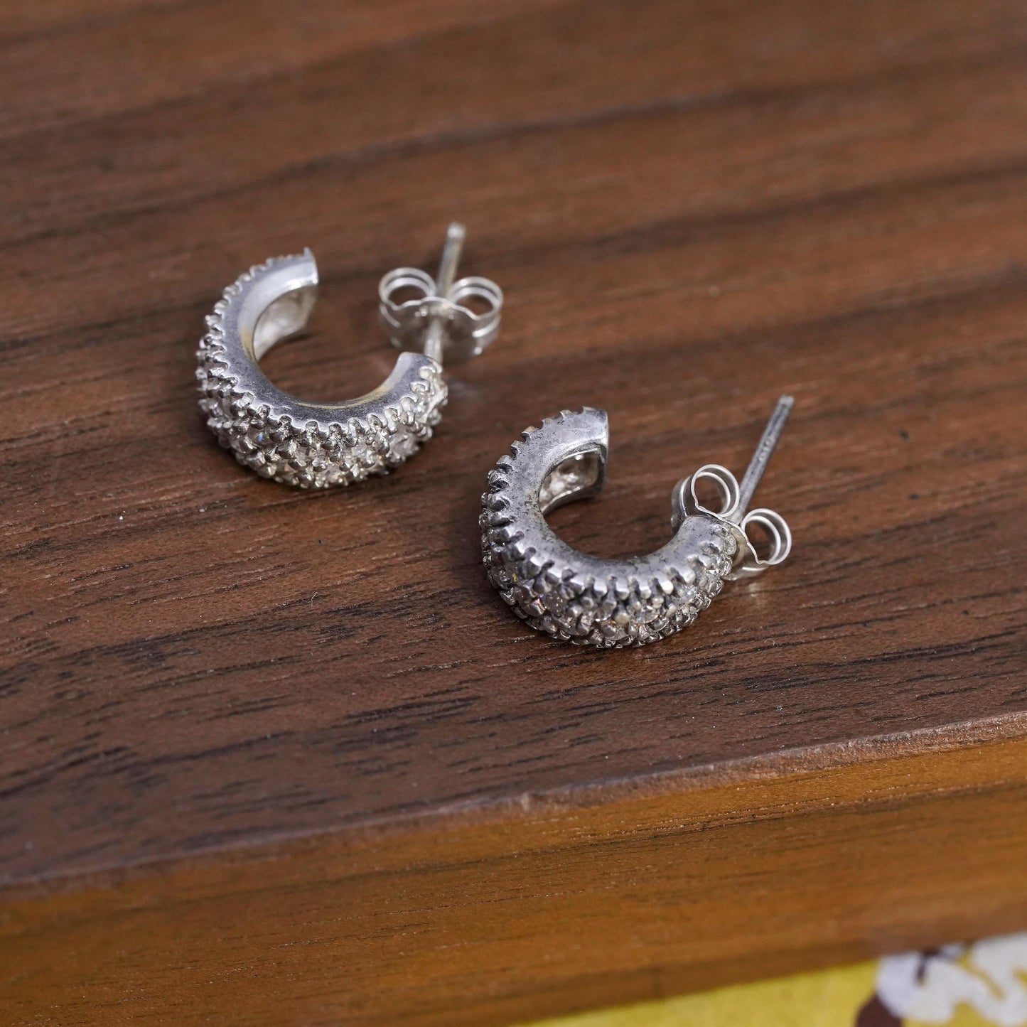 Vintage Sterling 925 silver huggie studs earrings with clear Cz
