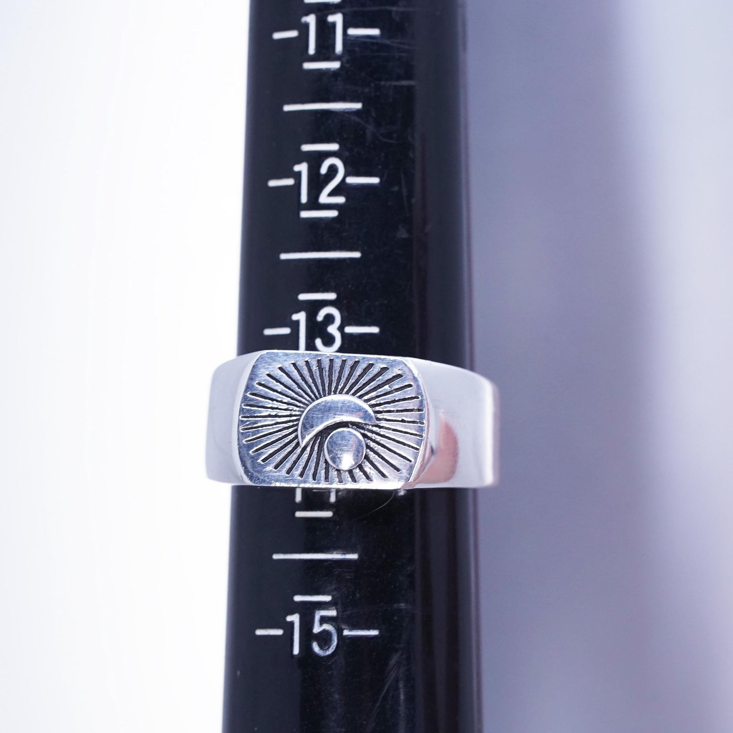 Size 13.5, vintage statement Sterling 925 silver handmade ring, band moon sun