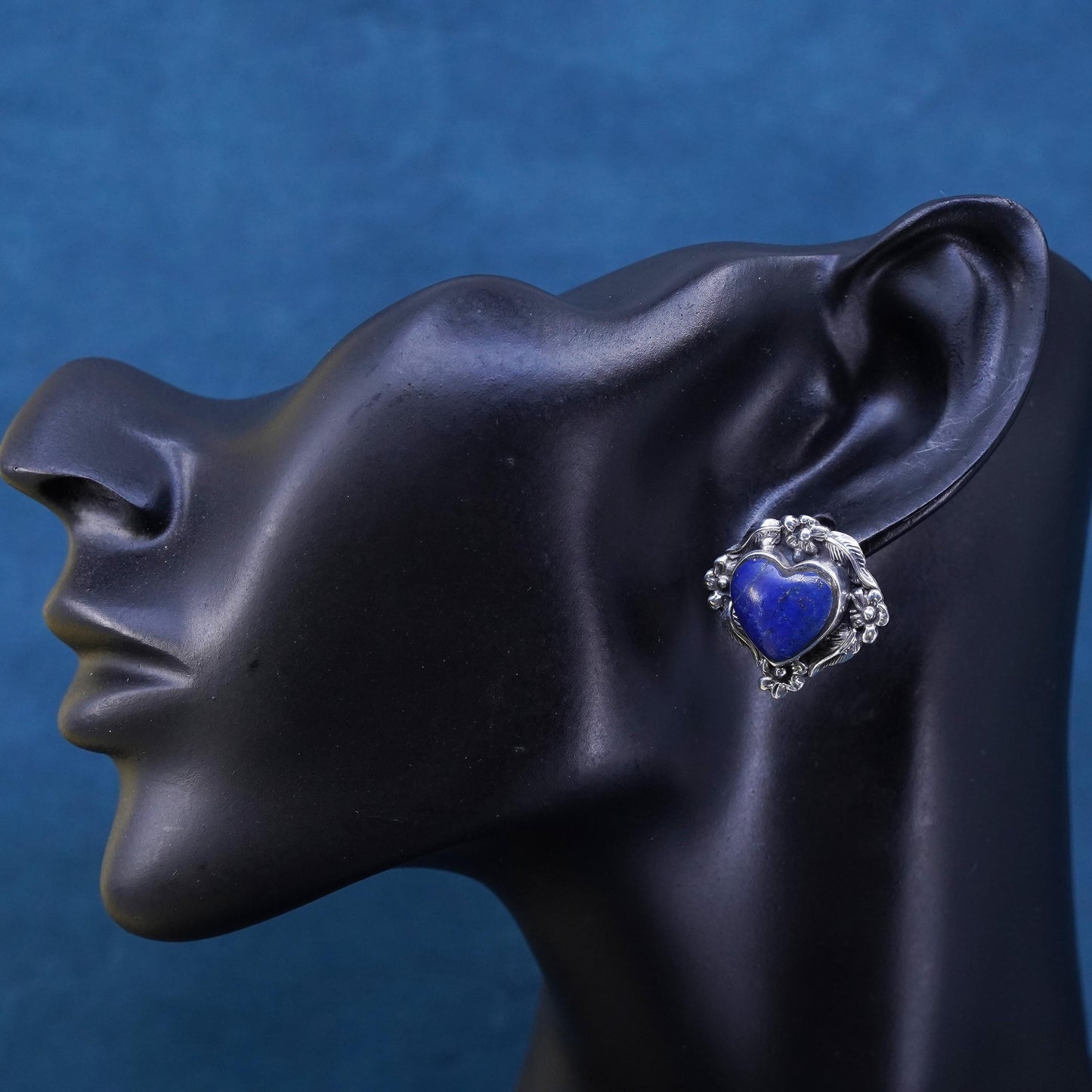 Vintage southwestern sterling silver earrings, 925 heart studs lapis lazuli