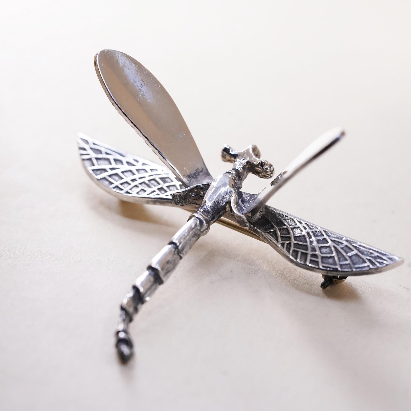 Vintage Sterling silver handmade brooch, 3D 925 dragonfly pin
