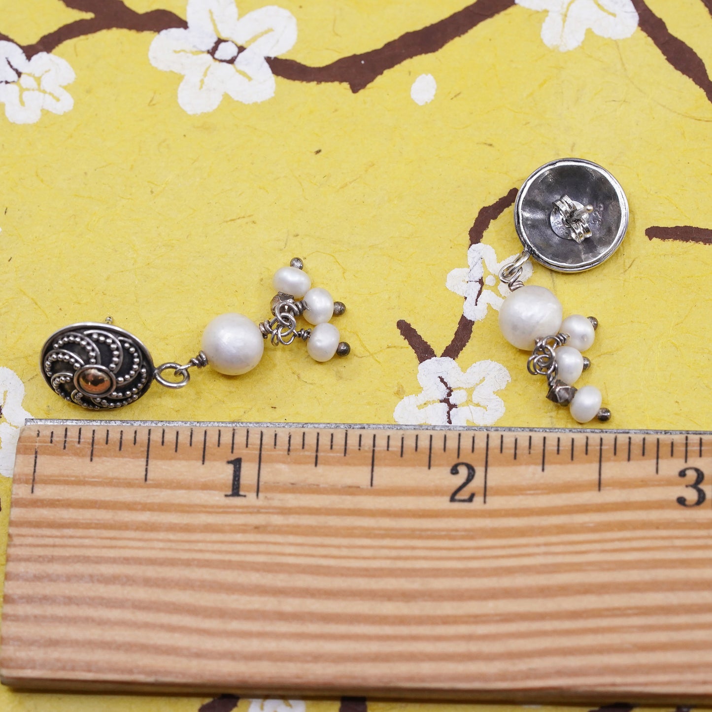 sterling silver earrings with 14K gold dot, bali 925 discs with pearl beads
