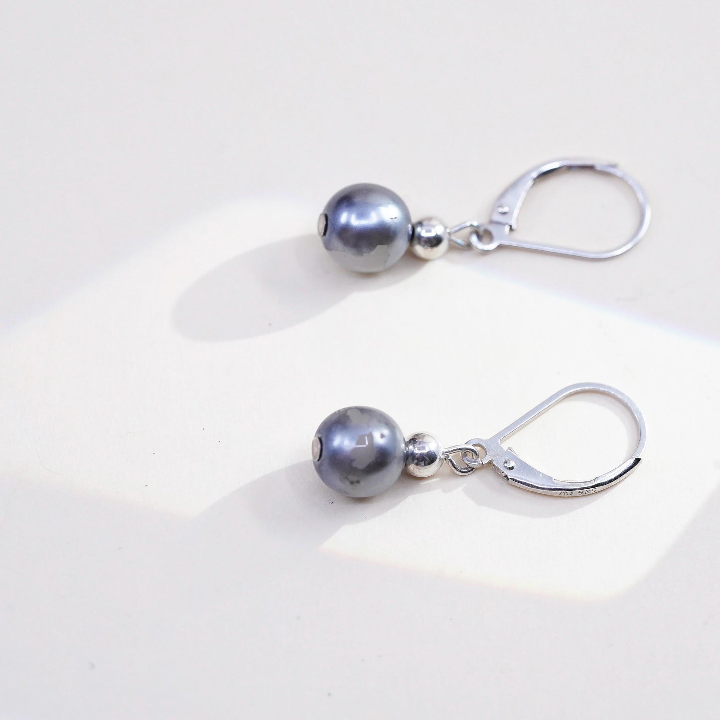 Vintage Sterling 925 silver handmade earrings with gray faux pearls