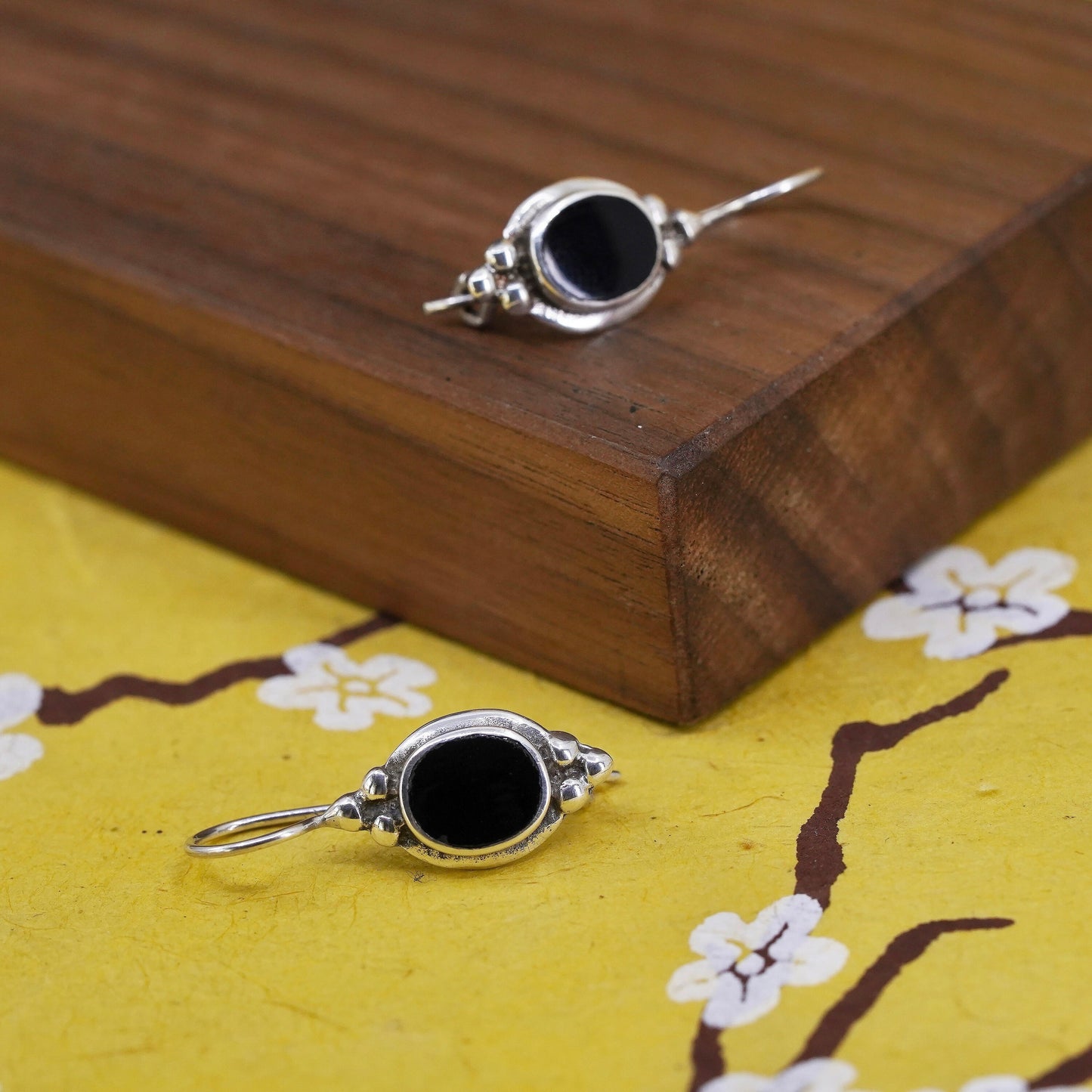 Vintage Sterling 925 silver handmade earrings with oval onyx and beads
