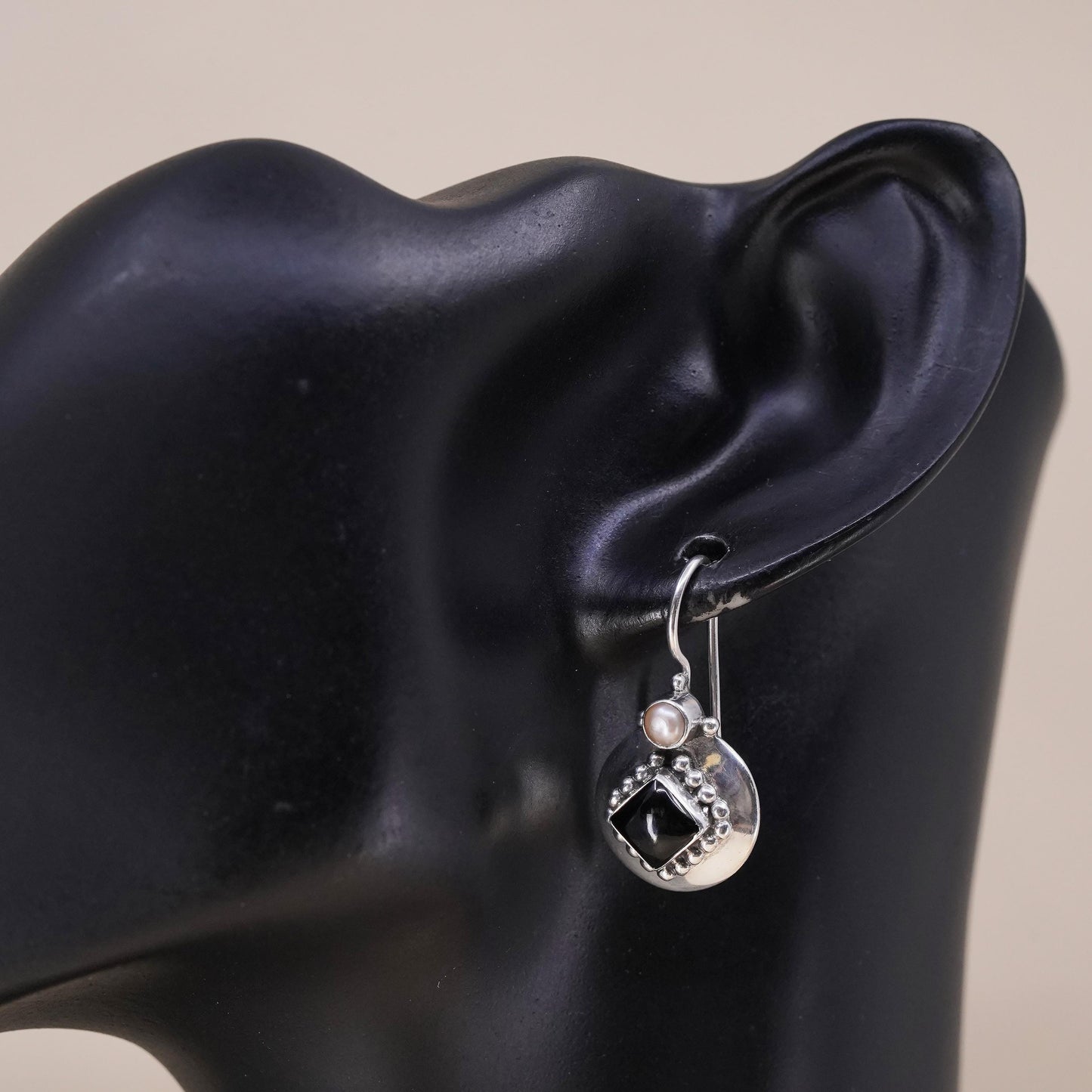 Vintage handmade single earring. Sterling 925 silver hook with onyx and pearl