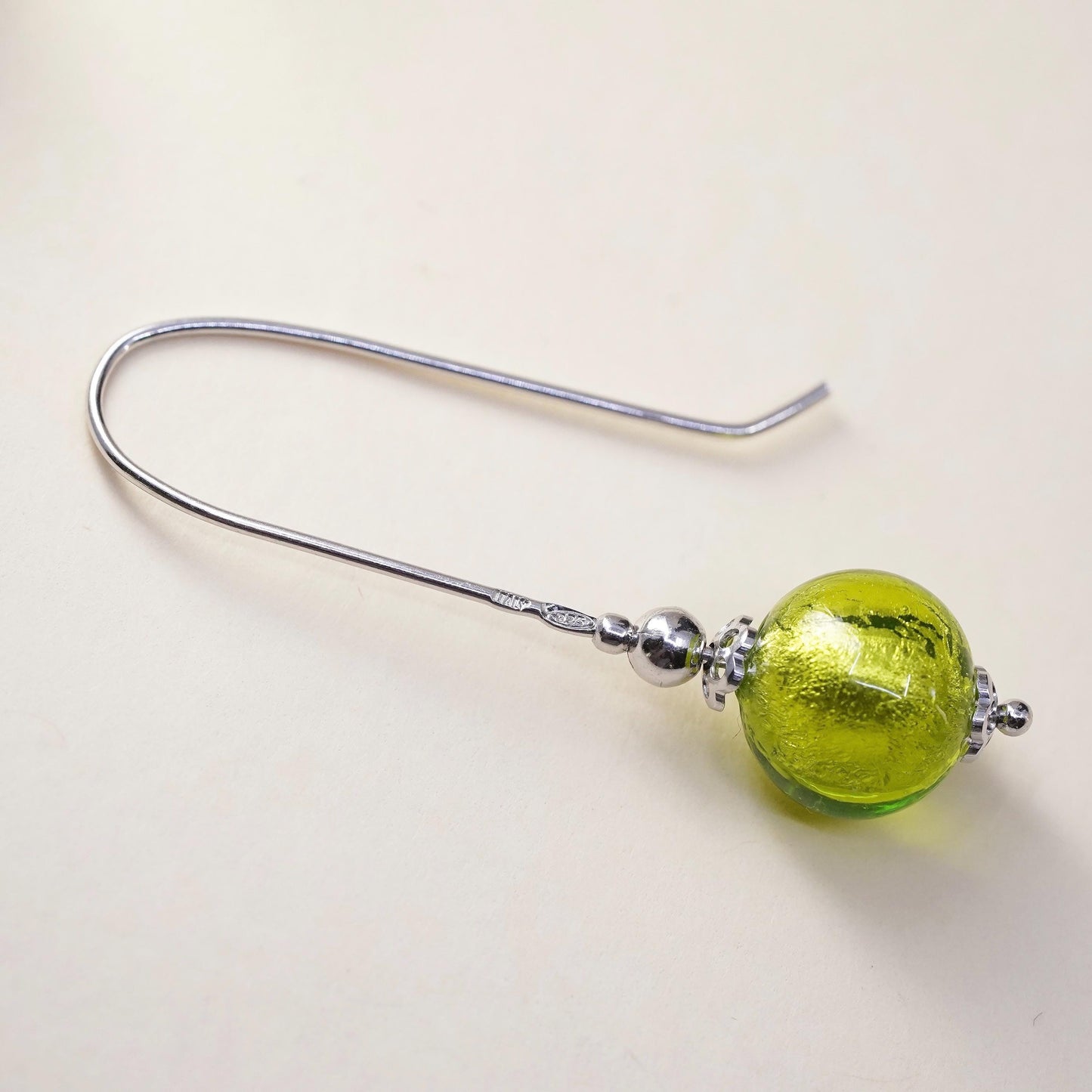 Vintage sterling 925 silver handmade single earring with green glass bead