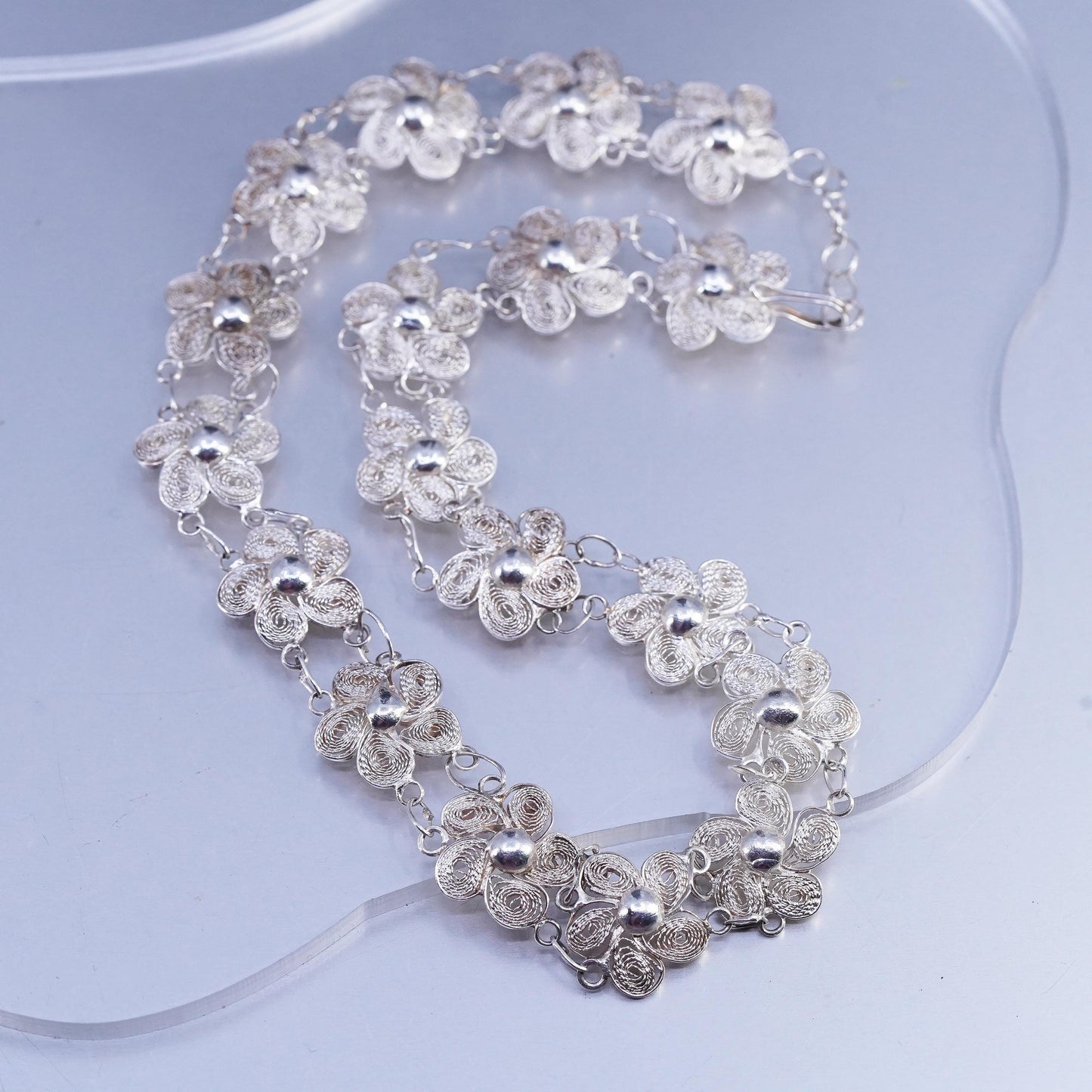 16", Vintage Sterling 925 Silver handmade Necklace Filigree Floral link chain