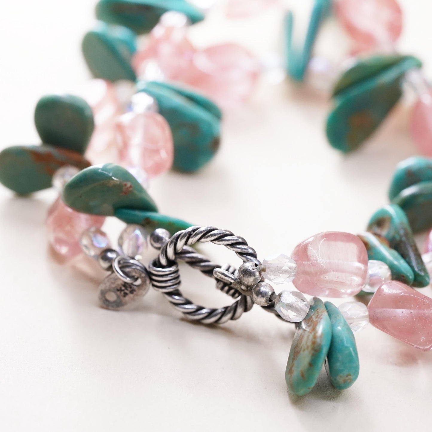 7”, VTG southwestern Sterling 925 silver bracelet turquoise pink quartz beads