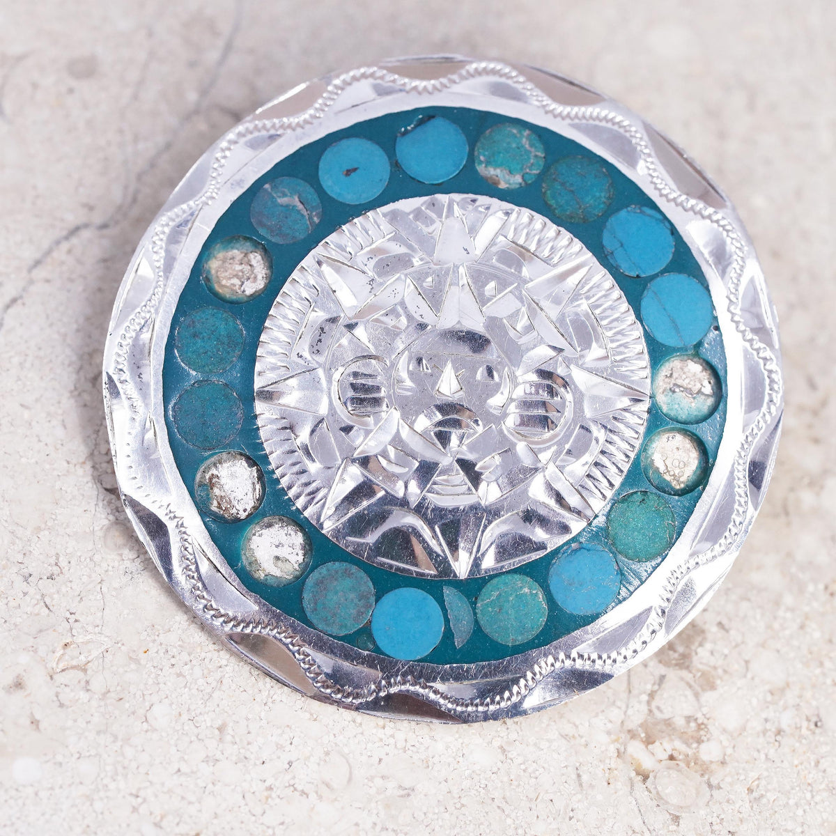 Taxco Mexico Sterling Silver Turquoise Aztec Sun Face Brooch Pendant 925 Jewelry