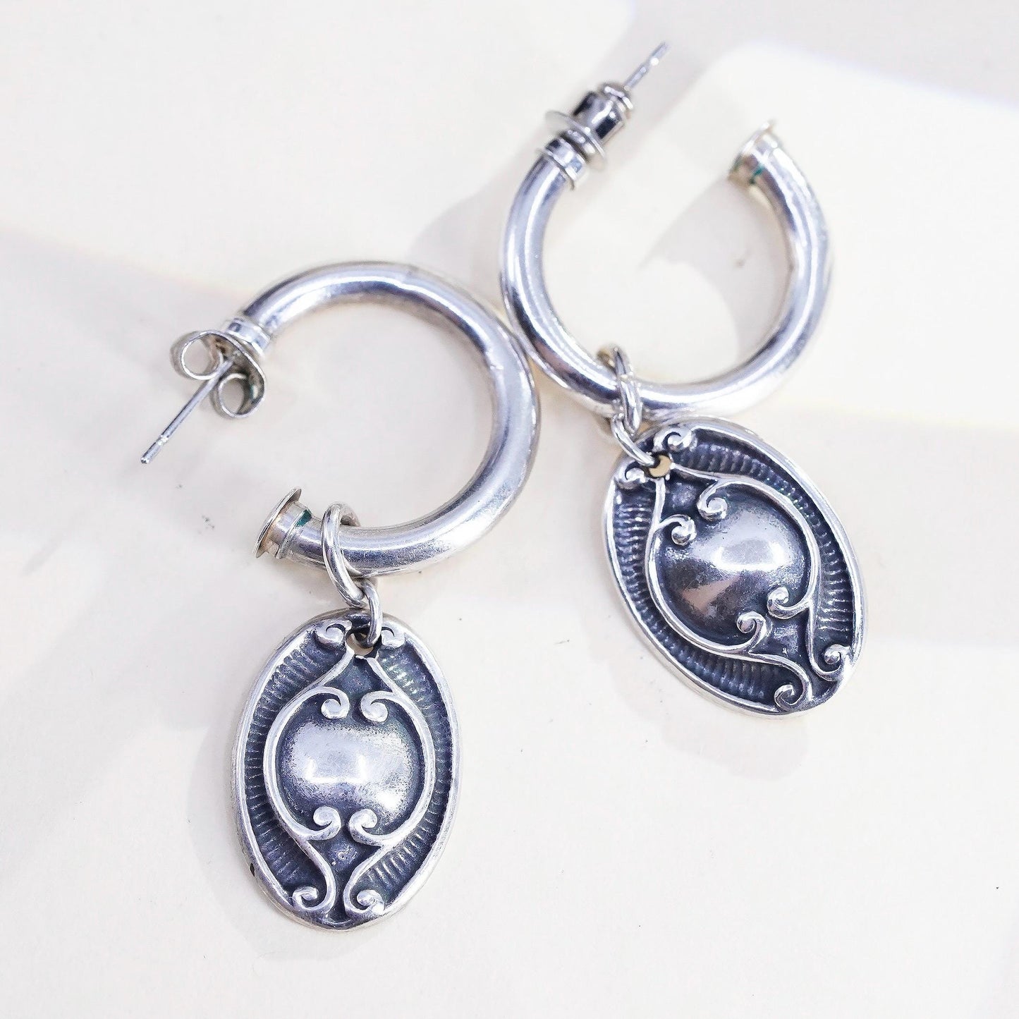 0.75” Vintage 925 Sterling Silver Handmade Earrings Dangles, Oval Scroll Hoops