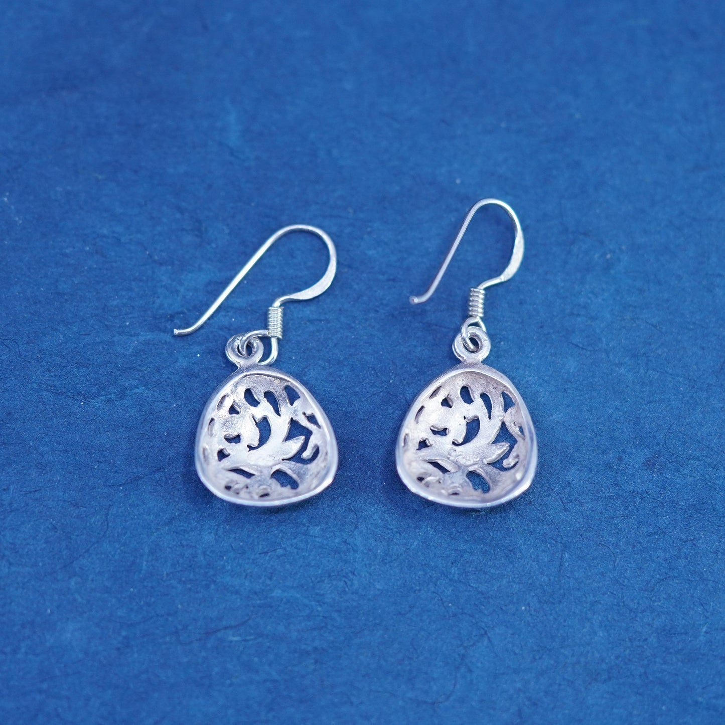 Vintage sterling silver handmade earrings, 925 filigree flower drop