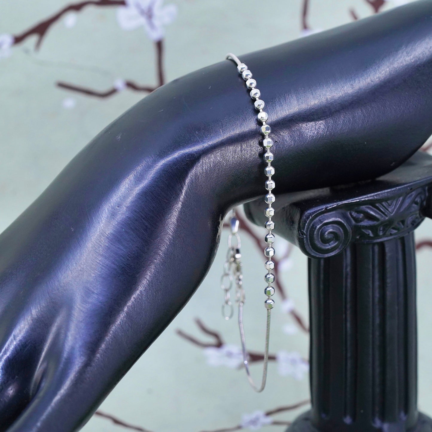 9+1” 1mm, Vintage sterling silver bracelet, 925 snake chain anklet 3mm beads