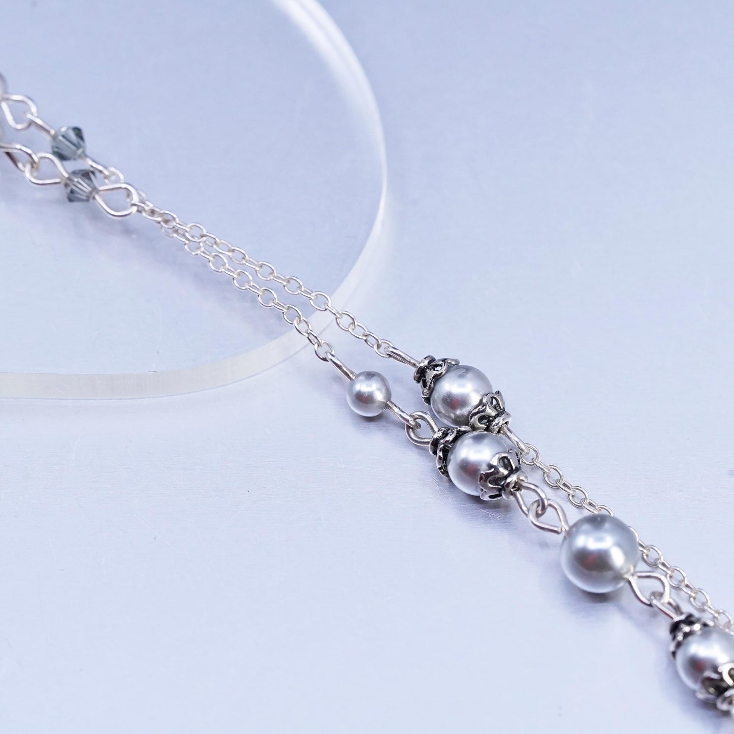 18” VTG double strands faux gray pearl necklace with 925 sterling Silver floral