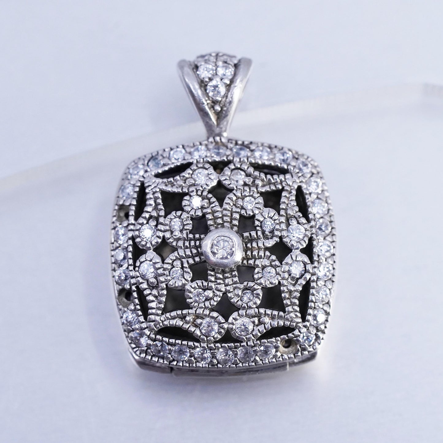 Vintage sterling silver pendant, 925 square locket charm with cluster cz