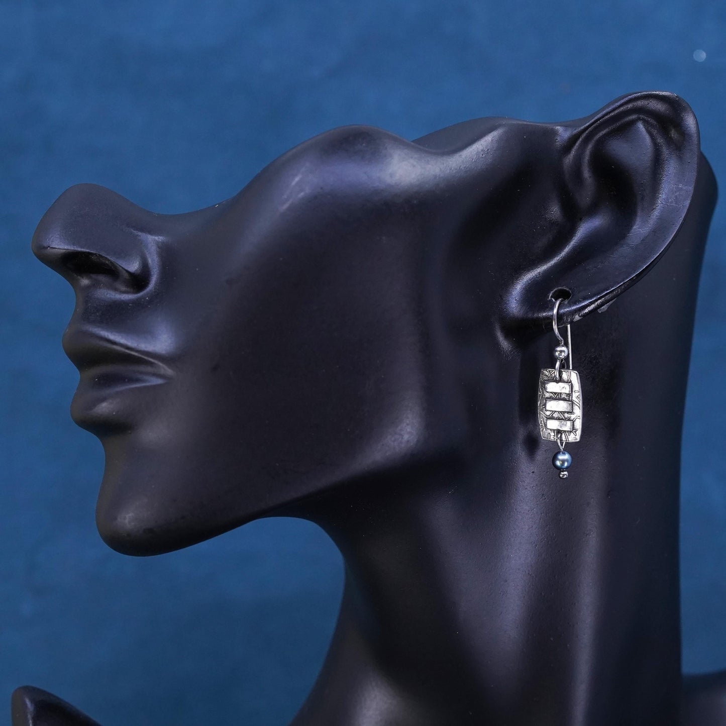 Vintage Sterling silver 925 handmade tag earrings with black pearl dangles