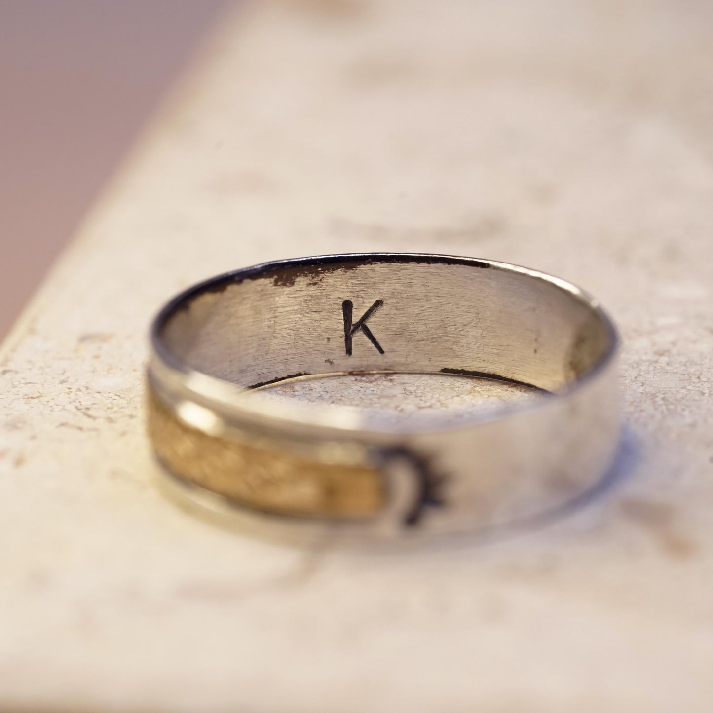 Size 10, Native American Keith James sterling silver 14K GF ring, Navajo 925
