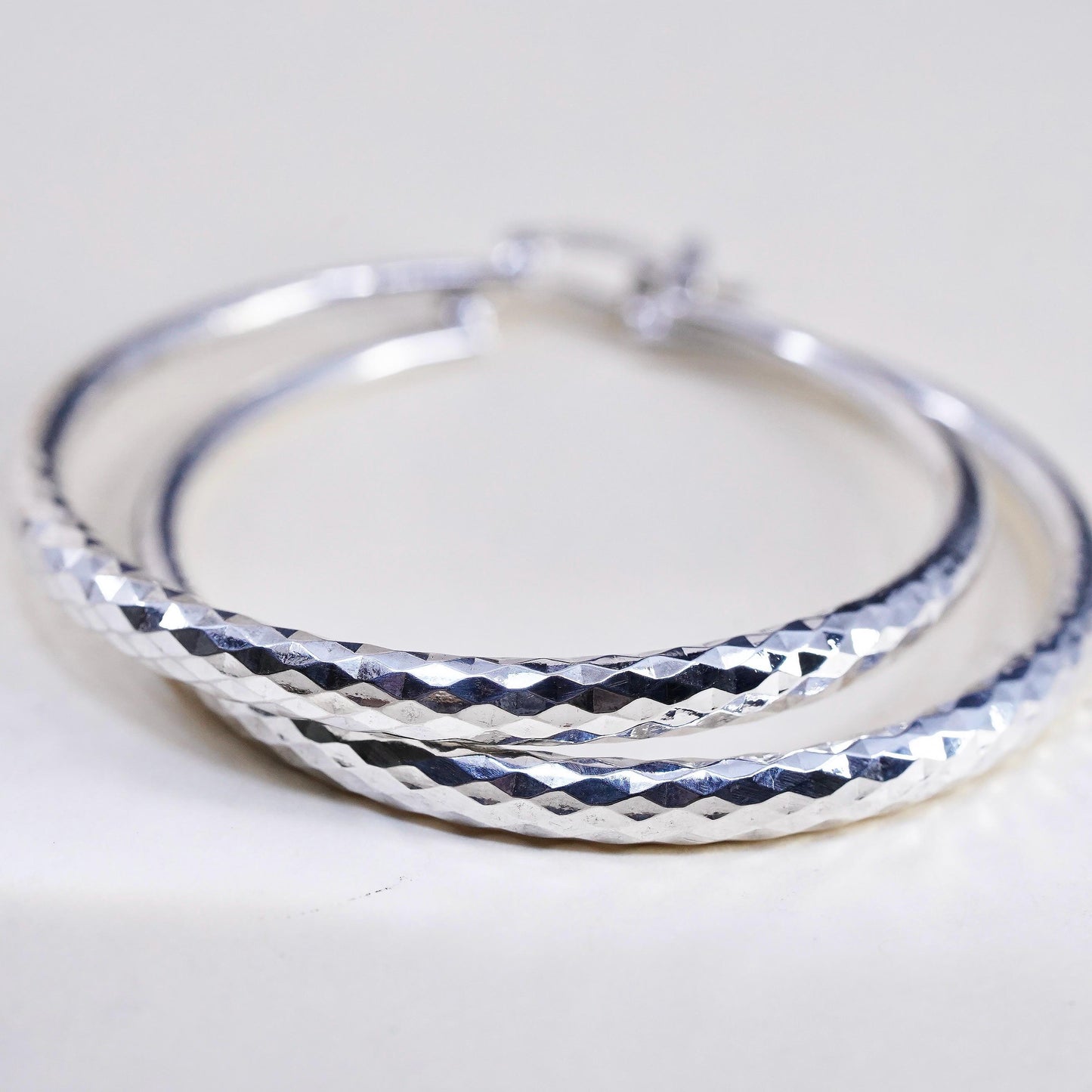 2" VTG Sterling Silver Diamond Cut Circle Large Earrings, Classic Round Hoops