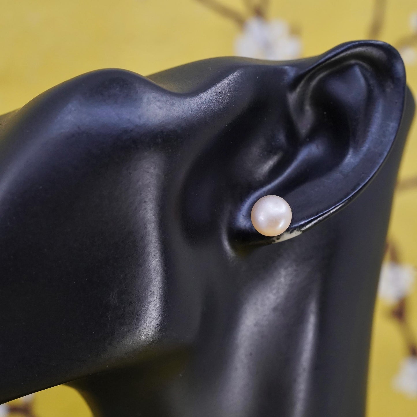 8mm, VTG 925 Sterling silver handmade studs earrings white pale orange pearl