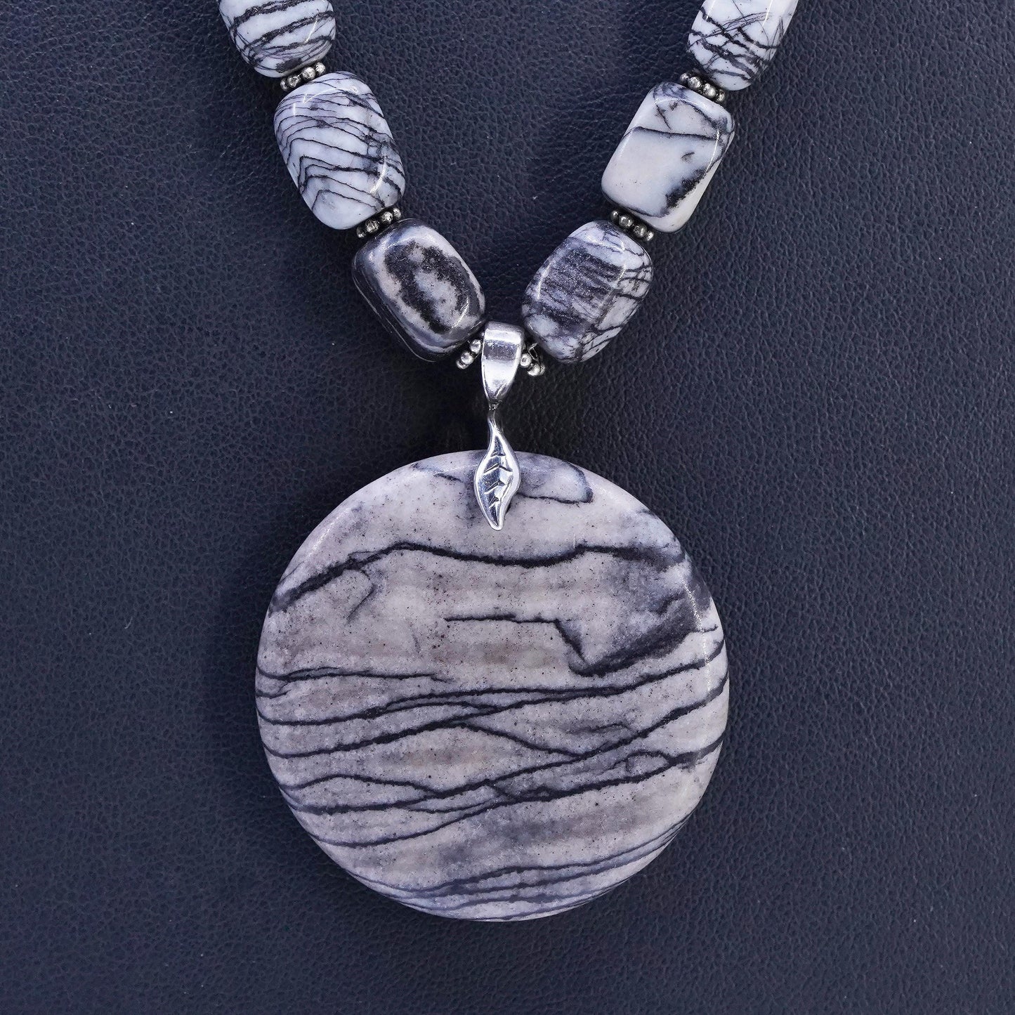 22” Vintage Sterling 925 Silver Picasso Jasper beads necklace round pendant