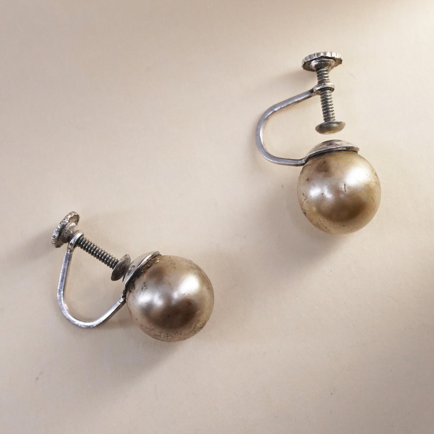 Vintage sterling 925 silver handmade earrings screw back with faux pearl