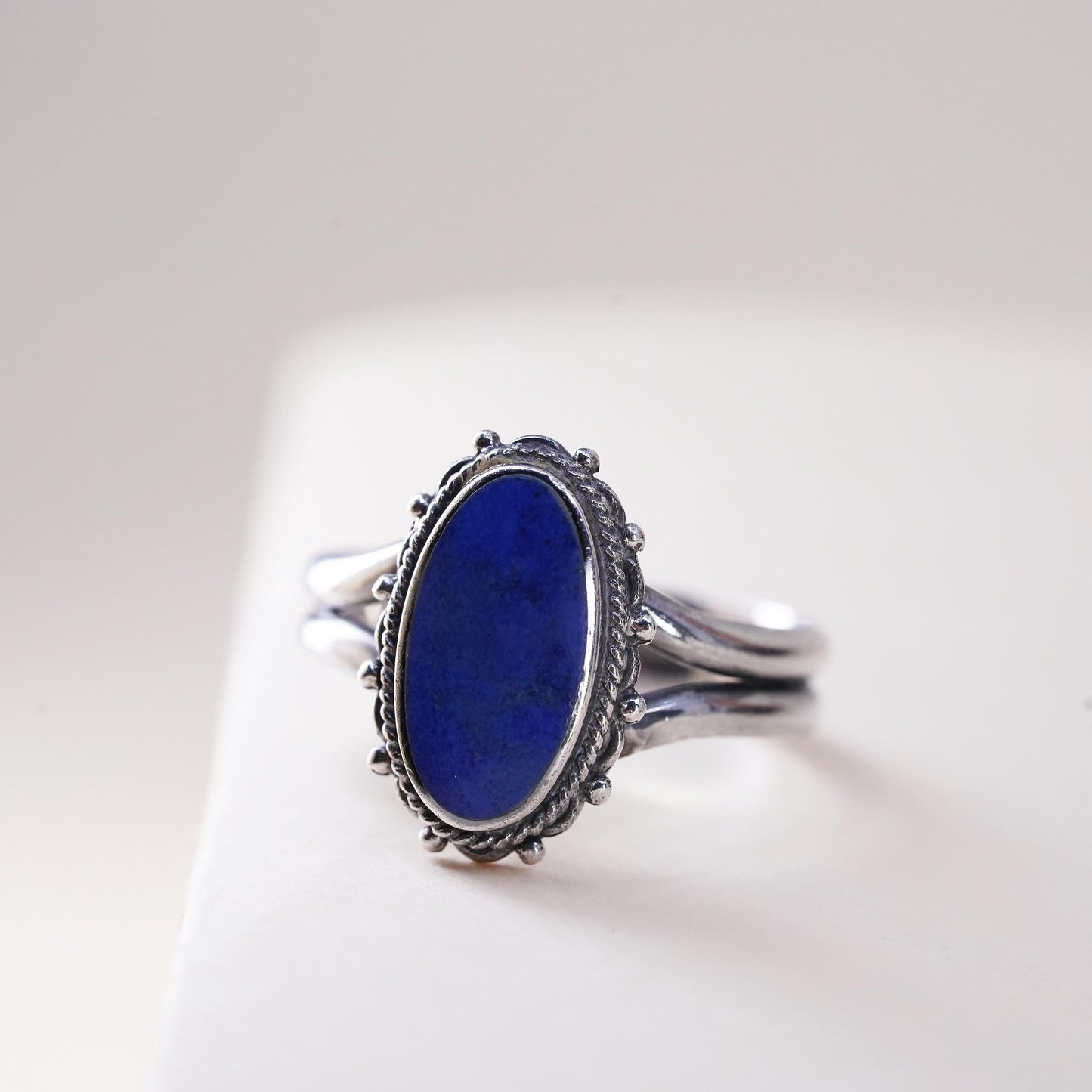 Size 9, vintage Boma 925 silver statement ring with oval Lapis lazuli and beads