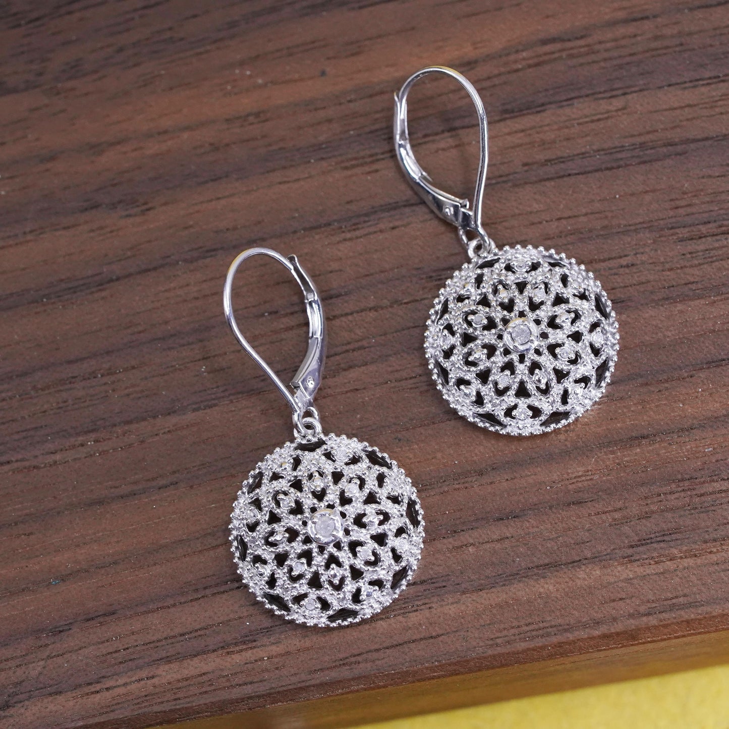 vintage Sterling silver handmade earrings, 925 flower rose with cluster diamond