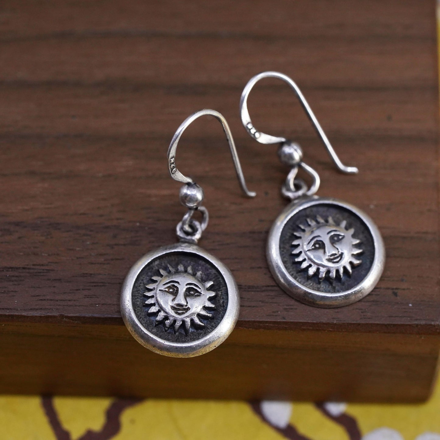 Vintage Bocco Sterling Silver Sun Face Dangle Earrings, Stamped 925 Handmade