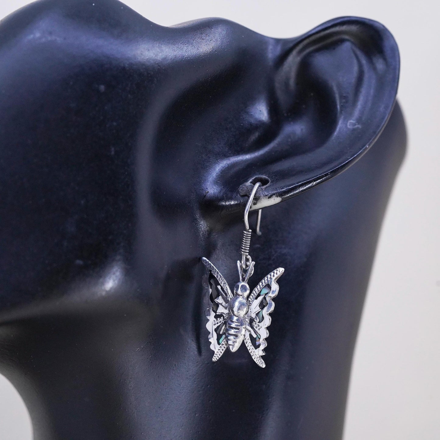 Vintage Mexican sterling silver handmade earrings, 925 butterfly with abalone