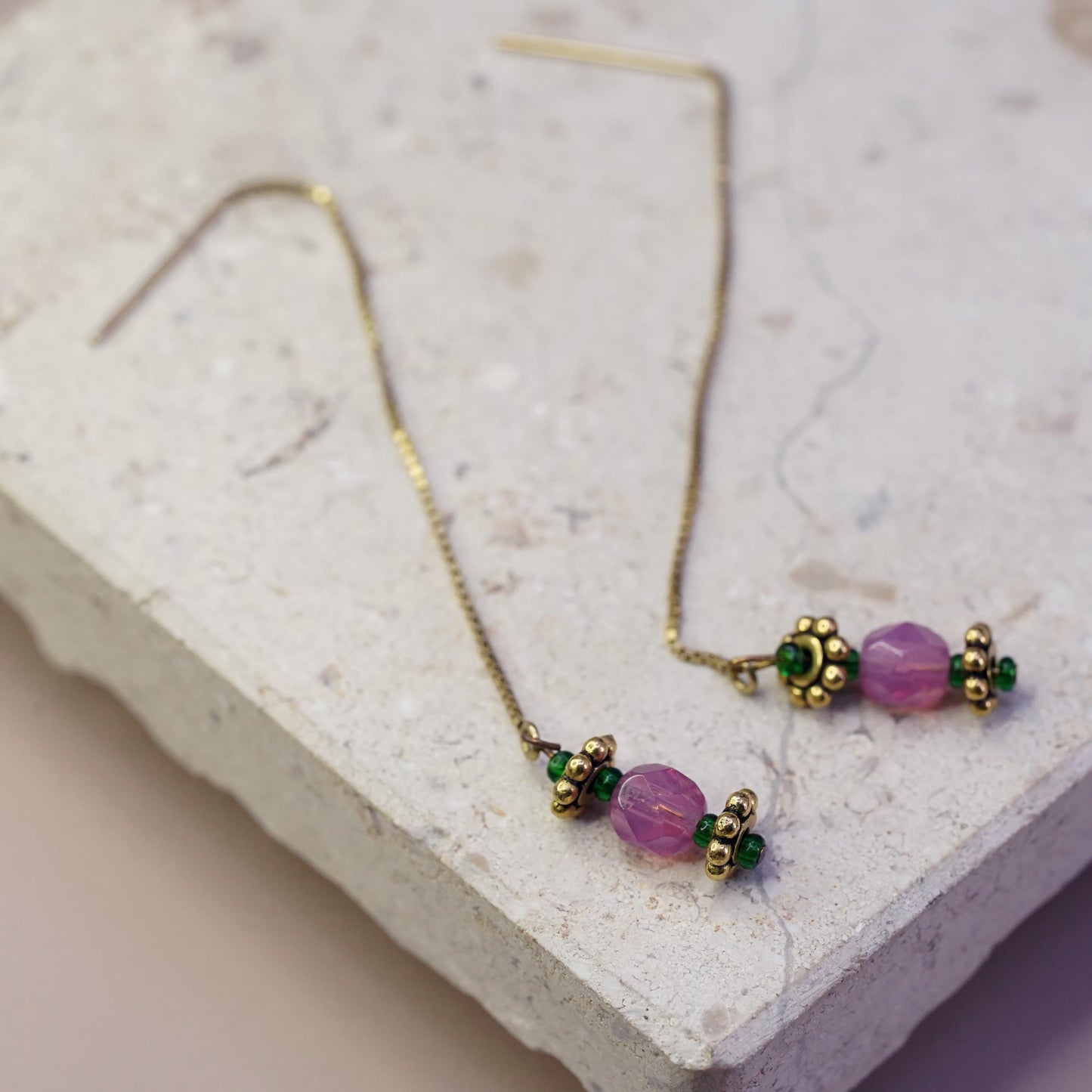 Vintage gold plated Sterling 925 silver handmade earrings pink crystal beads