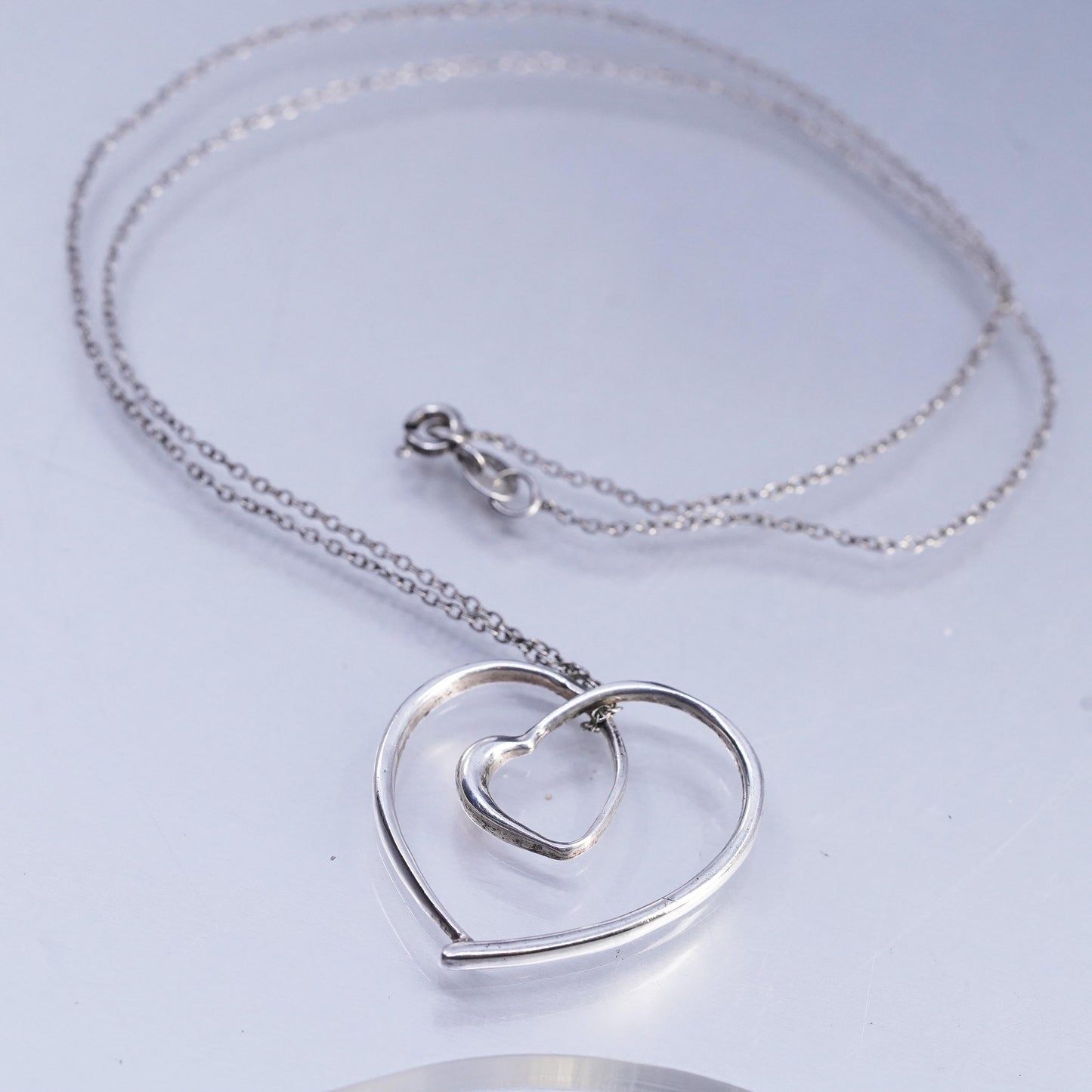 18", vintage Sterling 925 silver handmade circle necklace double heart pendant