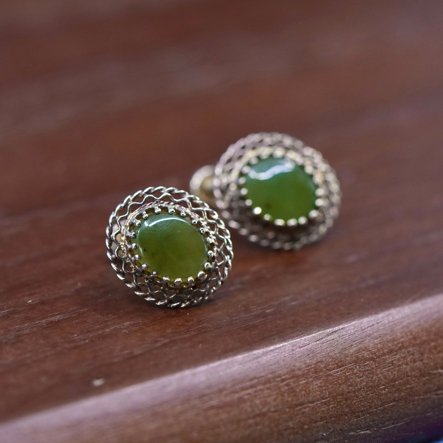 vermeil Sterling silver handmade earrings, gold 925 filigree screw back jade